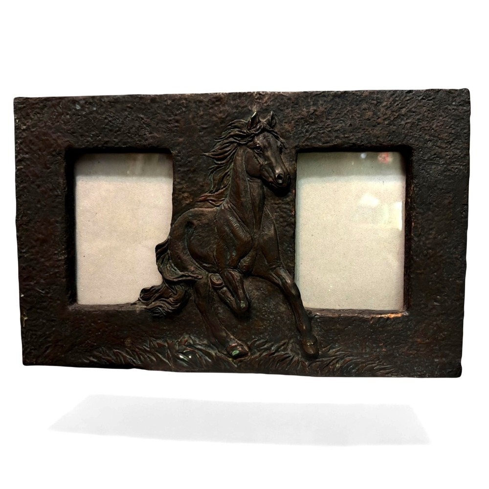 VTG Equestrian Picture Frame Silhouette Horse Aged Copper Tones Patina Bronze